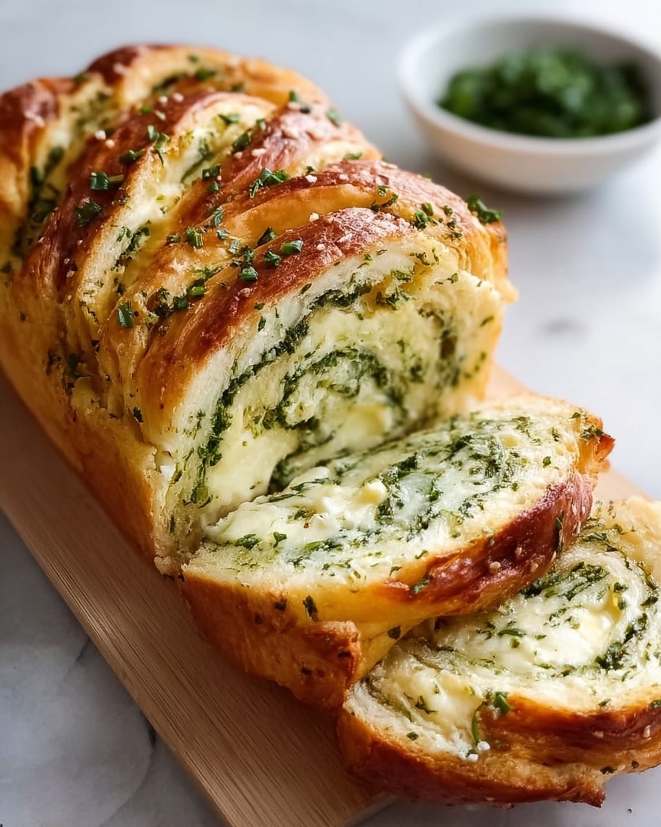 The image shows a close-up of a thick slice of pull-apart bread on a wooden board. The bread has a golden-brown crust on top with a rough texture. Inside, there are two layers: the top layer is light green with visible small bits of herbs, while the bottom layer is creamy white with melted cheese oozing out slightly. The bread looks soft and fluffy, with a shiny glaze on the crust. The background is a white marbled texture. photo taken with an iphone --ar 4:5 --v 7