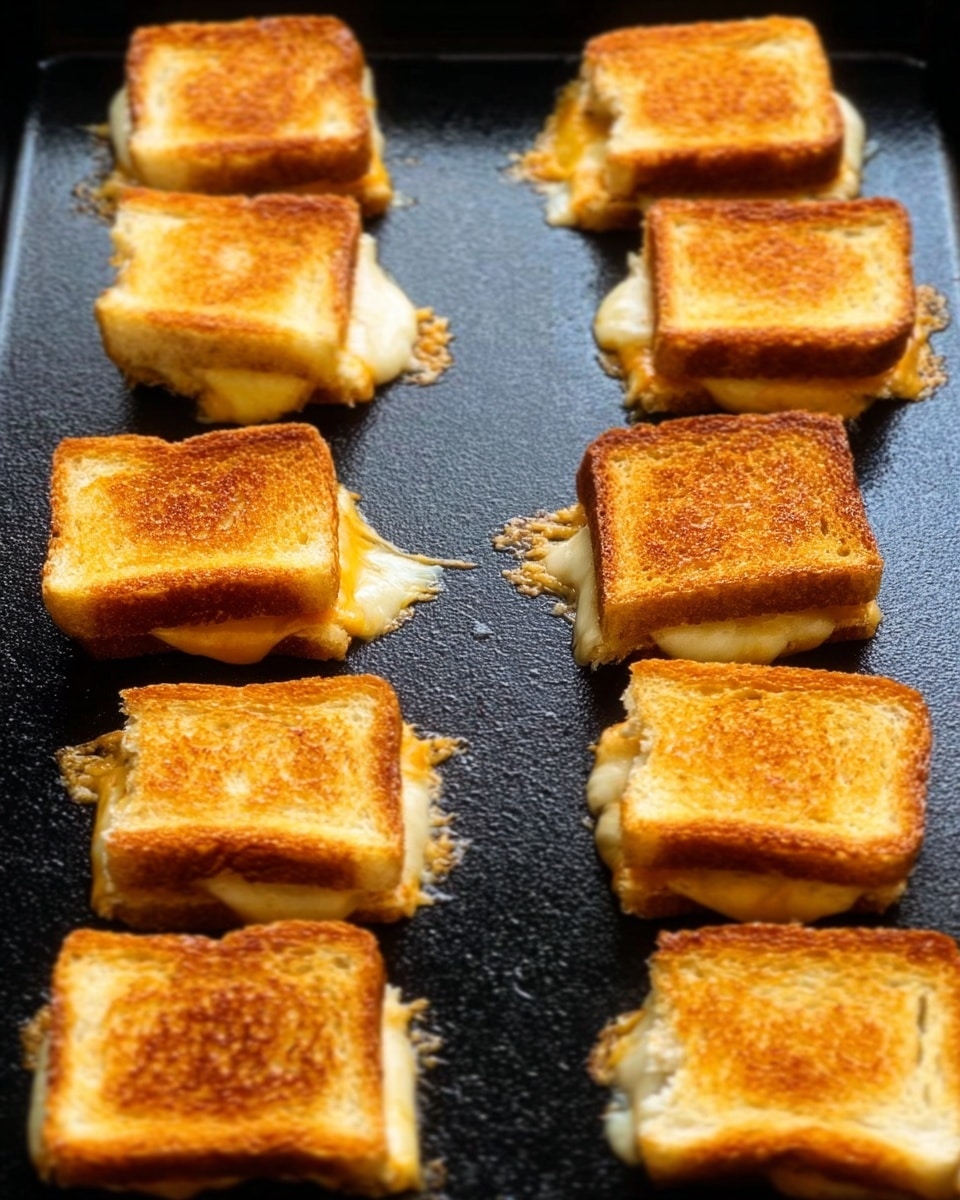 The image shows small square grilled cheese sandwiches cooking on a black griddle. Each sandwich has two golden brown toasted bread layers with melted cheese visibly oozing slightly between them. The sandwiches are spaced evenly in rows, with crispy edges and a smooth, shiny toasted texture on top. The griddle surface is flat and dark, contrasting with the warm, rich colors of the bread and cheese. photo taken with an iphone --ar 4:5 --v 7