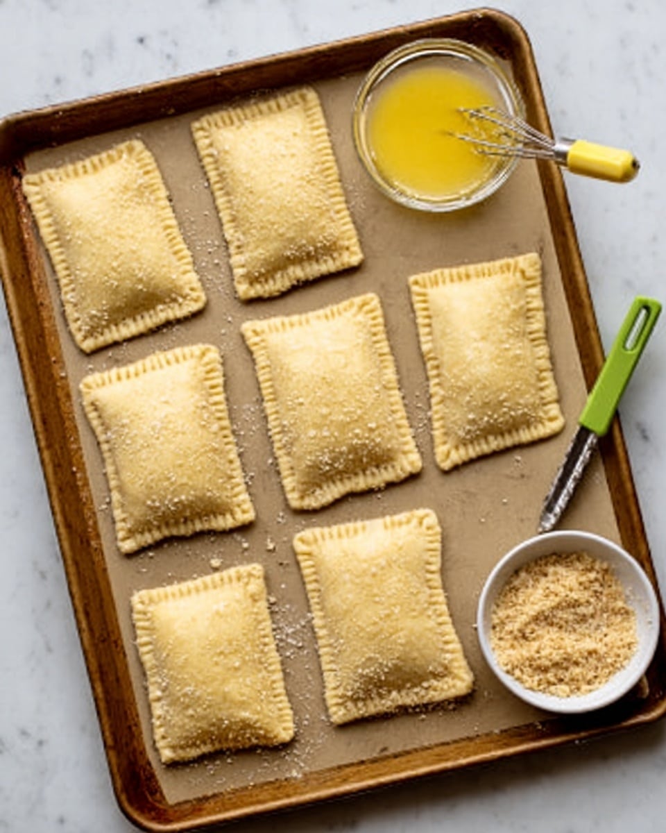 Six rectangular dough pieces with a light golden color and a rough texture are arranged in two rows on a brown baking tray. Each piece shows small, crimped edges and a dimpled surface. On the white marbled surface near the tray, there is a small clear bowl with yellow liquid and a whisk with a green handle resting inside it. Another small white bowl contains a light brown crumbly mixture. The photo taken with an iphone --ar 4:5 --v 7