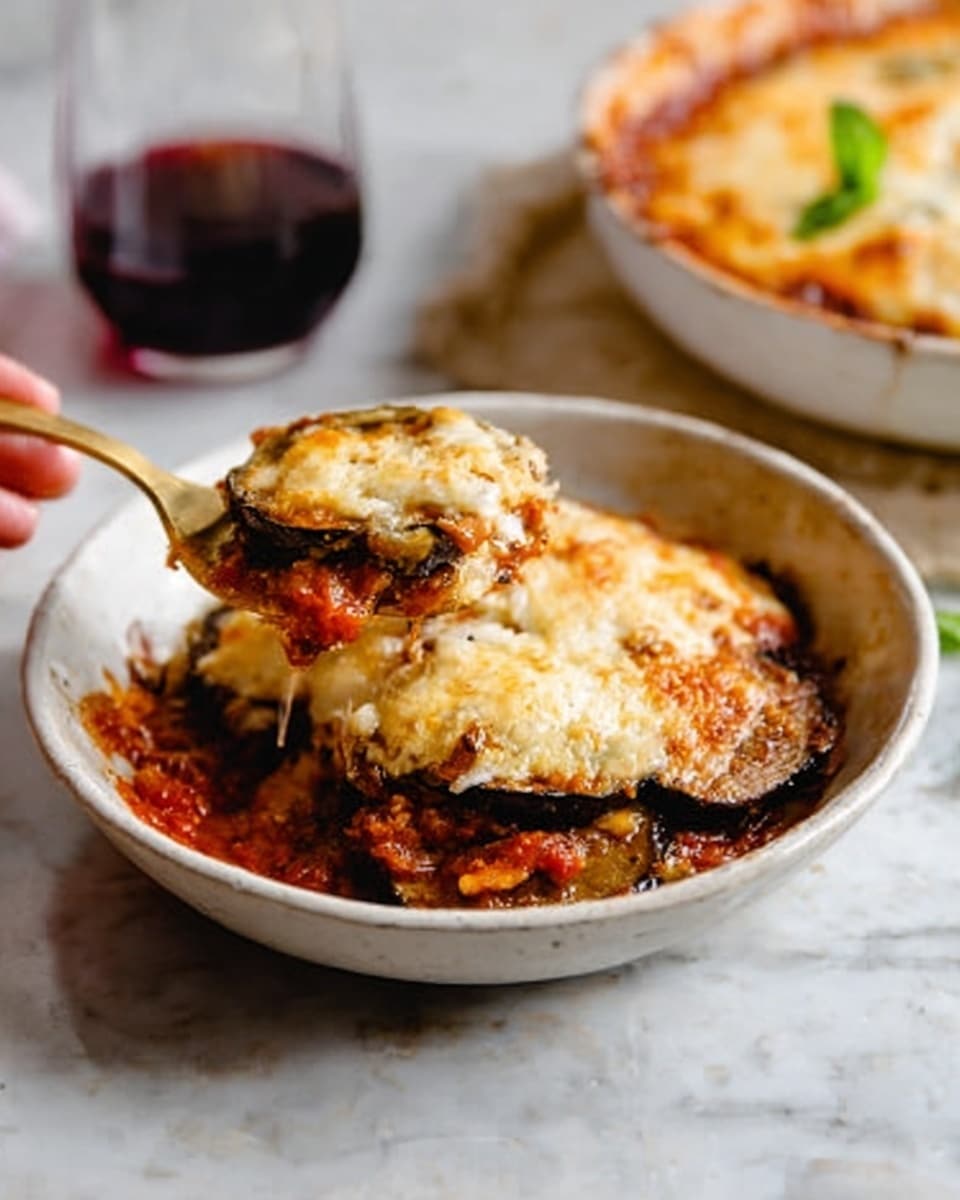 A white bowl is filled with layers of a baked dish, each layer clearly visible. The bottom layer is a rich, dark red sauce with a smooth texture. On top of that, there are slices of browned, tender vegetables with a slightly wrinkled surface. Above this, a thick layer of melted, creamy cheese covers the dish in a golden-brown color, with some bubbling and uneven spots showing. A woman's hand is holding a gold fork, lifting a portion to reveal the layers beneath. The bowl sits on a white marbled surface, with a glass of dark red drink blurred in the background. Photo taken with an iphone --ar 4:5 --v 7
