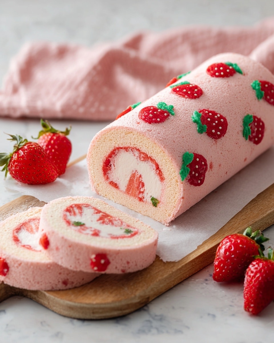 A light pink cake roll decorated with small red strawberries and green leaves is shown on a wooden board with white parchment paper. The roll is thick and spongy with a smooth white cream swirl inside. Two slices have been cut revealing the swirl and strawberry patterns on the outside. Three fresh red strawberries with green tops are placed beside the roll and slices. The background features a soft pink cloth and is set on a white marbled surface. photo taken with an iphone --ar 4:5 --v 7