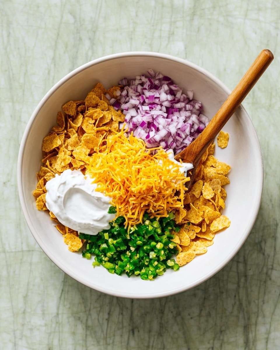 A white bowl holds four separated layers of ingredients on a white marbled surface: crushed yellow corn chips spread unevenly under the whole mix, finely chopped red onions forming a small purple mound towards the left, bright shredded orange cheddar cheese sitting to the right, and small green chopped jalapeno peppers placed at the bottom. A dollop of thick white sour cream rests near the cheese with a wooden spoon lying inside the bowl, its handle extending outside. Photo taken with an iphone --ar 4:5 --v 7