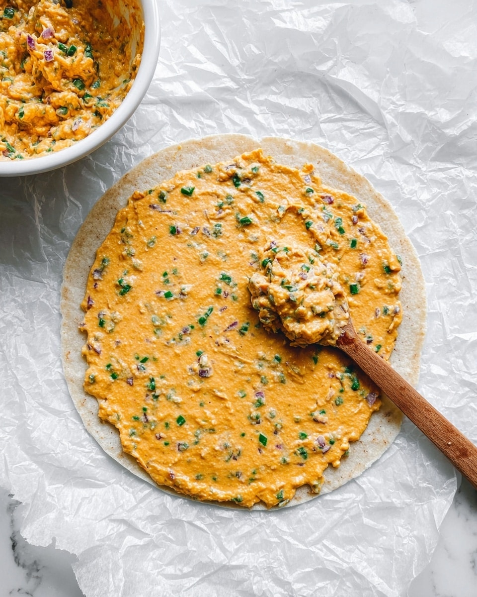 A round tortilla lies flat on a white marbled surface covered with white crumpled paper. On top of the tortilla is one thick, even layer of an orange-colored mixture with visible small green pieces and tiny purple bits spread across it. A wooden spoon rests on the right side of the tortilla, smeared with the same mixture. At the top left corner, there is a white bowl containing more of the same mixture. Photo taken with an iphone --ar 4:5 --v 7