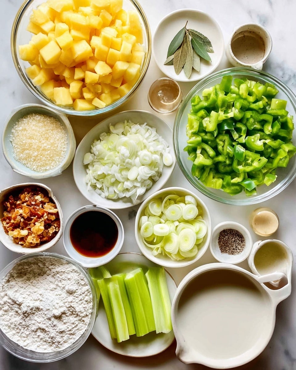 The image shows an arrangement of various cooking ingredients on a white marbled surface, all in separate white bowls or plates. There are diced yellow potatoes in a large glass bowl, bright green chopped bell peppers in another glass bowl, and finely chopped white onions in a white bowl. A small white bowl holds dried herbs, while a small round white plate holds bay leaves. Chopped celery sticks are placed directly on the surface in the front center, beside sliced round pieces of light green leeks. There is a bowl with mixed finely chopped nuts or meat, a larger white bowl filled with milk, a small white cup with dark brown liquid, and a white bowl containing white flour. Other small white bowls hold spices like black pepper, and a woman’s hand is holding the edge of the surface. The scene is bright and clean, showing all the ingredients clearly. Photo taken with an iphone --ar 4:5 --v 7