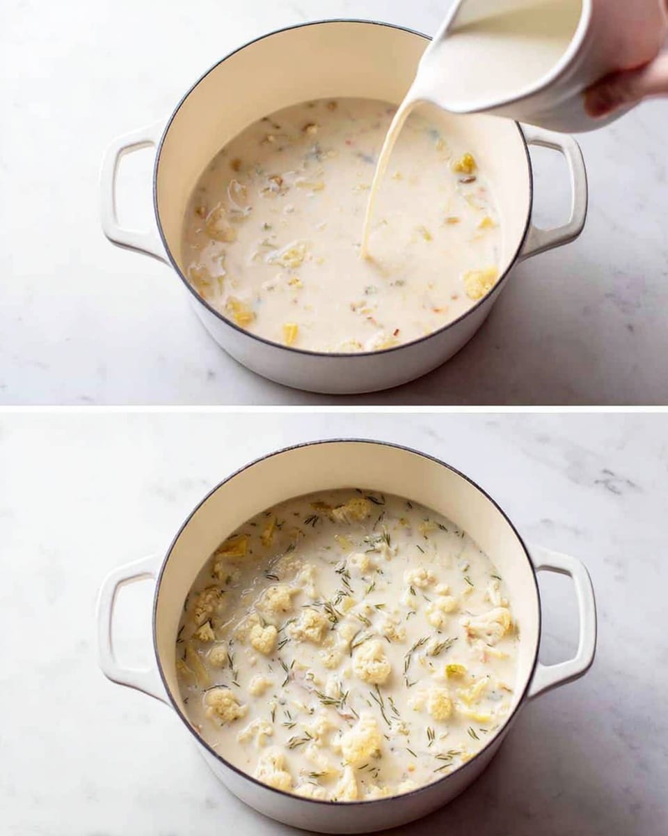 A white pot on a white marbled surface contains a creamy soup with small, light yellow and beige chunks of vegetables. In the first image, a woman's hand is pouring a white liquid into the pot, mixing with the ingredients. The second image shows the pot filled with a thicker, creamy soup with visible pieces of cauliflower and small green herbs spread evenly throughout the mixture, giving it a textured cream and green look. Photo taken with an iphone --ar 4:5 --v 7