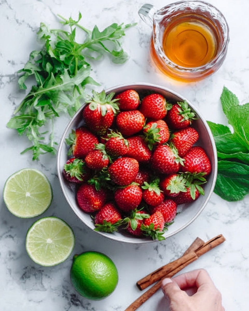 A white bowl full of bright red strawberries with green tops, placed on a white marbled surface. Around the bowl are fresh green lime halves, a small glass pitcher with amber liquid, fresh green arugula leaves, and a cinnamon stick. A woman's hand is touching the bowl on the right side. The scene has natural light, showing fresh and colorful ingredients. photo taken with an iphone --ar 4:5 --v 7