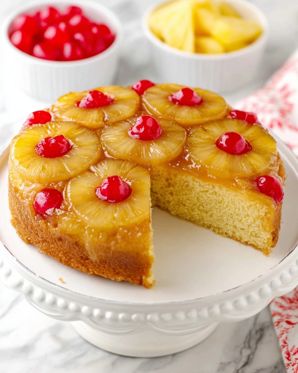 A round pineapple upside-down cake on a white plate with a scalloped edge, showing three layers: the bottom layer is a light yellow soft cake, the middle layer is a thin golden syrup glaze, and the top layer consists of six golden pineapple rings arranged evenly with a bright red cherry in the center of each ring, plus additional cherries in the spaces between the rings. The cake has one slice removed, revealing its inside. In the background on a white marbled surface, there is a white bowl with pineapple rings and another white bowl with bright red cherries. Photo taken with an iphone --ar 4:5 --v 7
