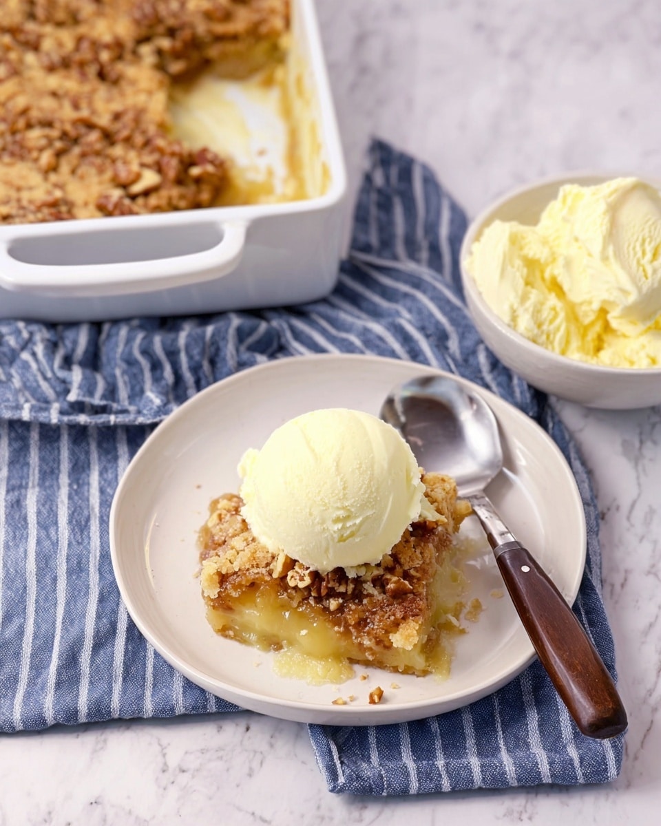 The image shows a serving of warm brown dessert with a crumbly, nutty texture on a white plate. The dessert has two layers: the bottom layer is light yellow and soft, while the top layer is darker brown with small nut pieces. On top, there is a scoop of creamy, off-white ice cream, slightly melting on the dessert. A spoon with a dark wooden handle rests on the plate’s edge. Next to the plate is a white bowl filled with creamy, pale yellow ice cream with a metal scoop inside. In the background, there is a white baking dish holding the rest of the dessert with the same two layers visible. The plate and bowl sit on a blue cloth with white stripes, all placed on a white marbled surface. photo taken with an iphone --ar 4:5 --v 7