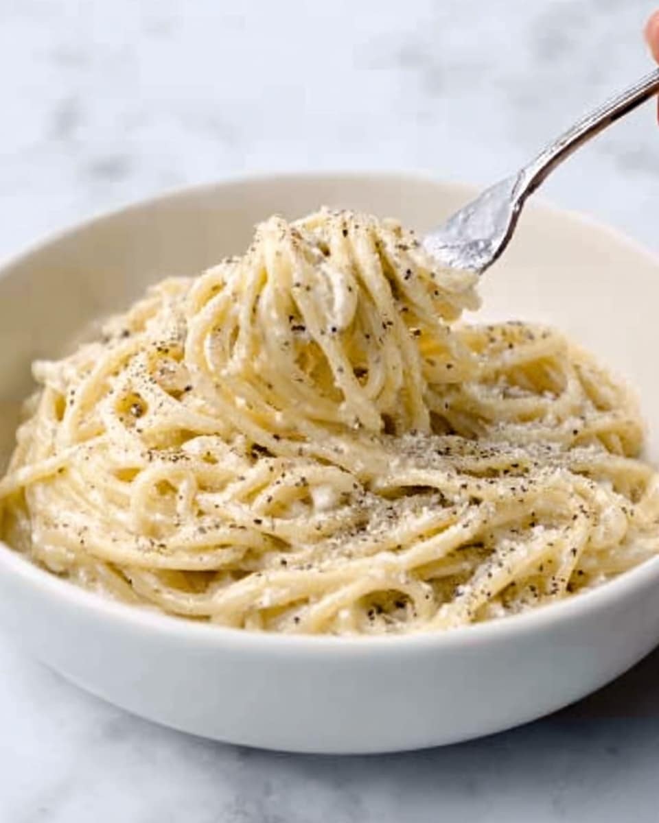 This image shows a white bowl filled with spaghetti pasta covered in a creamy, pale off-white sauce. The sauce looks smooth and slightly thick, coating the noodles evenly. The pasta strands are intertwined and piled loosely in the bowl. There is a light sprinkle of black pepper on top, adding small dark specks for contrast. A silver fork is inserted into the pasta, lifting some noodles with strands hanging down, and a woman's hand is holding the fork. The background and surface are white marble. photo taken with an iphone --ar 4:5 --v 7