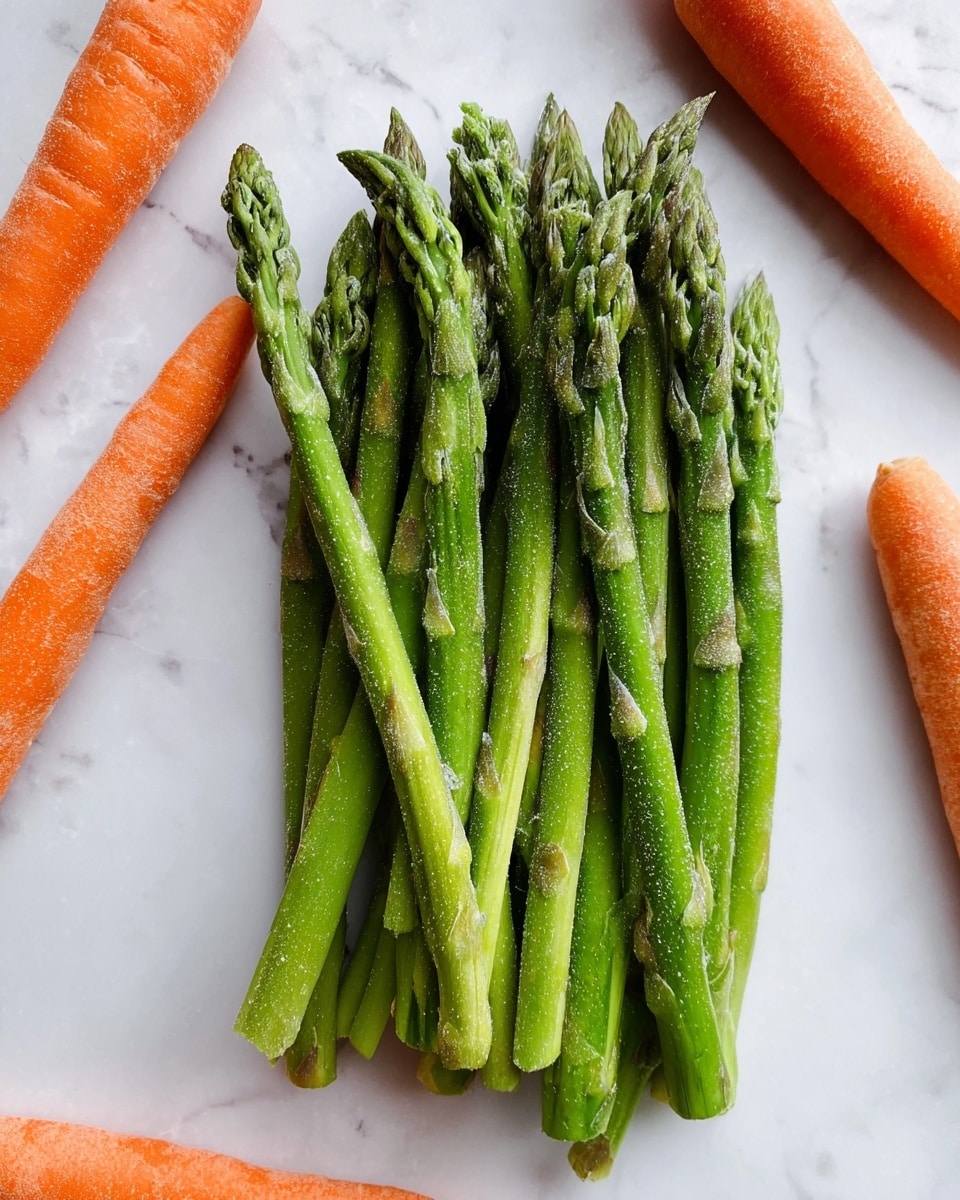A bunch of bright green asparagus spears are placed in a loose cluster in the center of a white marbled surface. The asparagus shows a fresh texture with a light frost, and the tips have a slightly darker green color. Around the asparagus, three orange carrots with a natural rough texture are arranged, two horizontally and one vertically, creating a simple, fresh vegetable display. photo taken with an iphone --ar 4:5 --v 7