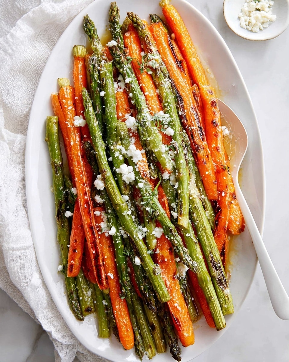 The dish shows a white oval plate filled with two layers of roasted vegetables. The bottom layer has long, bright orange carrot sticks with a lightly charred texture. On top of the carrots are green asparagus spears with slight brown grill marks and a tender look. Both vegetables are sprinkled with small white crumbles of a cheese-like topping, adding a contrast in color. The plate is placed on a white marbled surface with a white cloth on the left side and a white utensil on the right. photo taken with an iphone --ar 4:5 --v 7