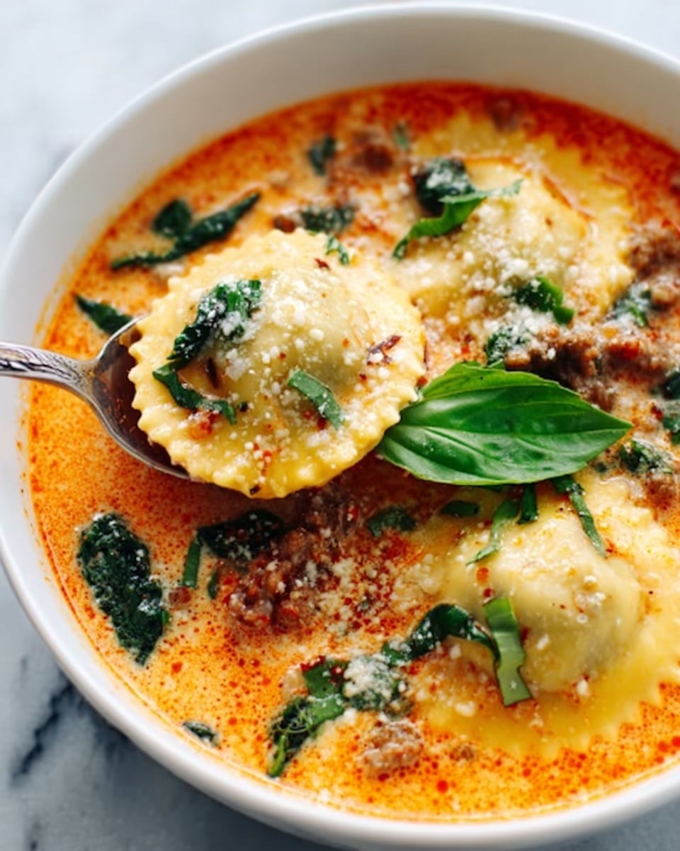 The image shows a close-up of a white bowl filled with creamy tomato soup. On top, there are two large ravioli pieces with soft, slightly yellow pasta and visible filling. The soup is orange with a thick texture, dotted with green spinach leaves and small bits of brown ground meat. There is some grated cheese sprinkled over the dish and a bright green basil leaf for garnish. A spoon is placed in the bowl, with a woman's hand holding it gently. The background is a white marbled surface that enhances the colors of the dish. photo taken with an iphone --ar 4:5 --v 7