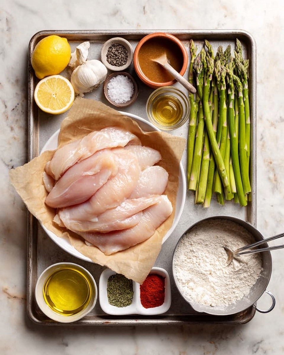 A metal tray holds all ingredients neatly arranged on a white marbled surface. In the center is a white bowl lined with brown parchment paper containing several raw light pink chicken fillets layered flat. On the right side of the bowl, fresh green asparagus stalks are placed in a neat bundle, with a small bowl of golden liquid below them. Above the asparagus sits a small glass container filled with brown sauce. To the left of the chicken bowl, two lemon halves, bright yellow with a juicy texture, are placed next to a small terracotta bowl of white salt with a tiny wooden spoon resting inside. Below the lemon are three garlic cloves with dry white skins. Moving left, a small white bowl holds black pepper, and below it is another small white bowl divided into three sections with green herbs, red paprika, and green spices. At the bottom left corner of the tray is a small glass of pale yellow oil, and to the right of it is a metal measuring cup filled with white flour. The overall arrangement is clean and colorful with clear separations between items. Photo taken with an iphone --ar 4:5 --v 7