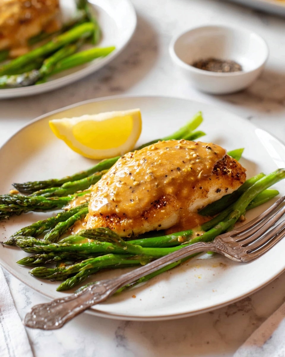 A white plate holds a cooked piece of golden brown chicken with a slightly shiny, textured sauce on top, sitting on a bed of bright green asparagus stalks that have a fresh, slightly glossy look. A lemon wedge with a vibrant yellow color rests on the left side of the asparagus. A silver fork with intricate designs is placed on the right side of the plate. In the background, there is a small white bowl with black pepper and part of another white plate with a similar dish, all set on a white marbled surface. Photo taken with an iphone --ar 4:5 --v 7