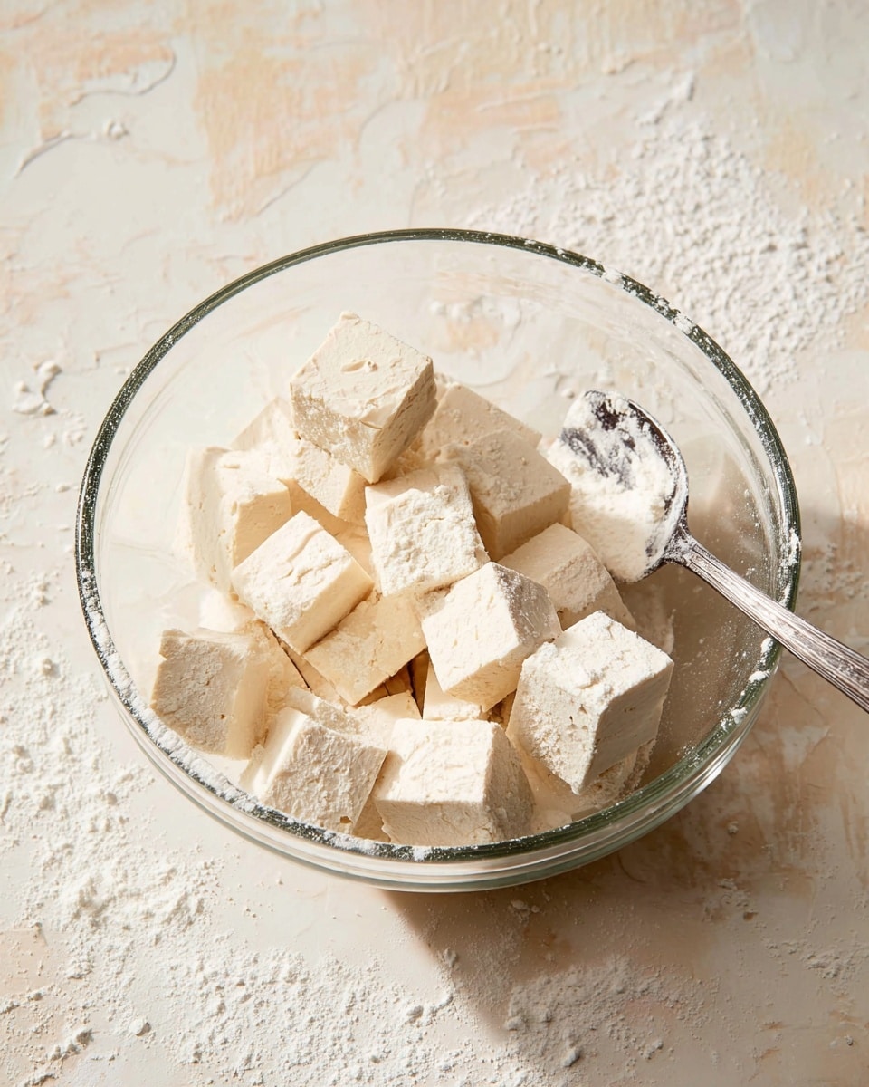 A clear glass bowl sits on a white marbled textured surface, filled with many small to medium cubes of a pale beige tofu. The tofu pieces are coated lightly with white powder, scattered unevenly on and around them. A silver spoon rests on the right side inside the bowl, partly covered with the same white powder. The whole scene has a soft, natural light coming from the upper left side. photo taken with an iphone --ar 4:5 --v 7