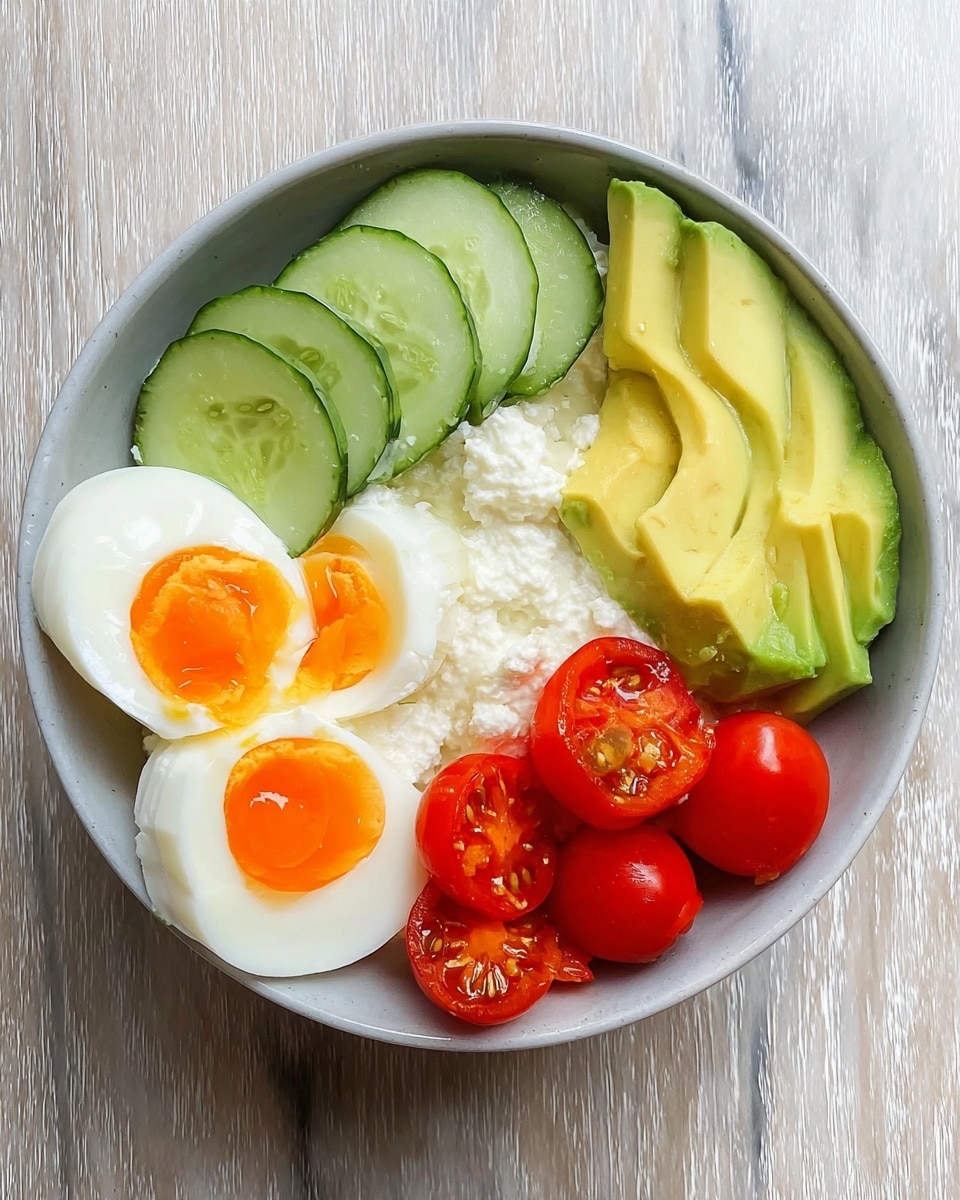 A white bowl sits on a white marbled surface, filled with a base layer of white cottage cheese. On top, there are four layers arranged in sections: sliced green cucumber rounds in the upper part, bright yellow-green avocado slices fanned out on the right, halved hard-boiled egg with a soft, bright orange yolk on the left, and halved red cherry tomatoes in the bottom section. The colors are fresh and vibrant, with smooth textures from the avocado and egg contrasting with the seedy tomato and cucumber. Photo taken with an iphone --ar 4:5 --v 7
