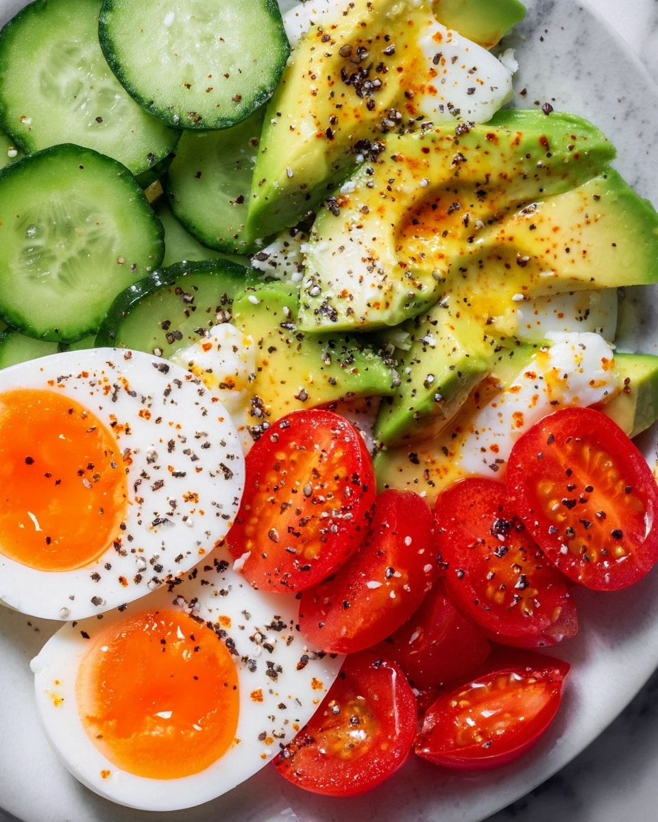 A close-up view of a white plate shows four main parts arranged closely. On the bottom left are two halved boiled eggs with bright orange yolks and smooth white edges, sprinkled lightly with black and white seeds and crumbs. Next to the eggs, on the lower right, are bright red cherry tomato halves, also sprinkled with black and white seeds. Above the tomatoes, there are slices of ripe avocado with a creamy yellow-green color, topped with the same sprinkled seeds and crumbs. On the top left, there are several thick, round slices of cucumber in a vibrant green color with a fresh, watery texture. The background surface is a white marbled texture. The whole dish has a fresh and colorful look with different textures and small seed details. photo taken with an iphone --ar 4:5 --v 7