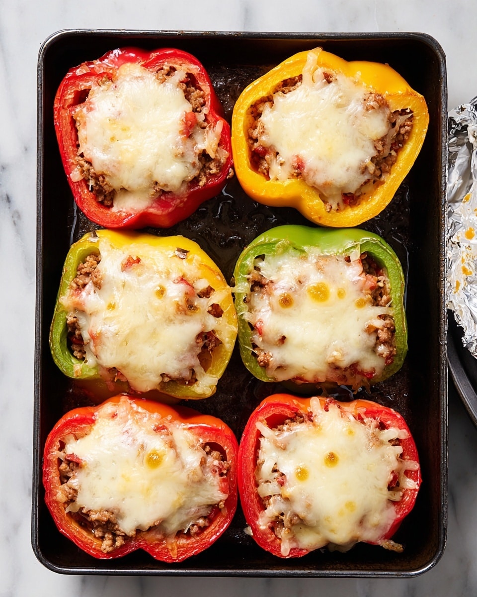 The image shows six stuffed bell pepper rings placed in a black rectangular baking pan on a white marbled surface. Each pepper ring forms a hollow circle with three colors: bright red, yellow, and green. Inside each pepper ring, there is a layer of cooked ground filling that appears brown and grainy, topped with melted pale yellow cheese that covers the filling evenly and slightly spills over the edges. The cheese has a glossy, smooth texture with small browned spots. The pan is clean except for a few small melted cheese spots around the peppers. The aluminum foil is partially visible on the top right corner. photo taken with an iphone --ar 4:5 --v 7