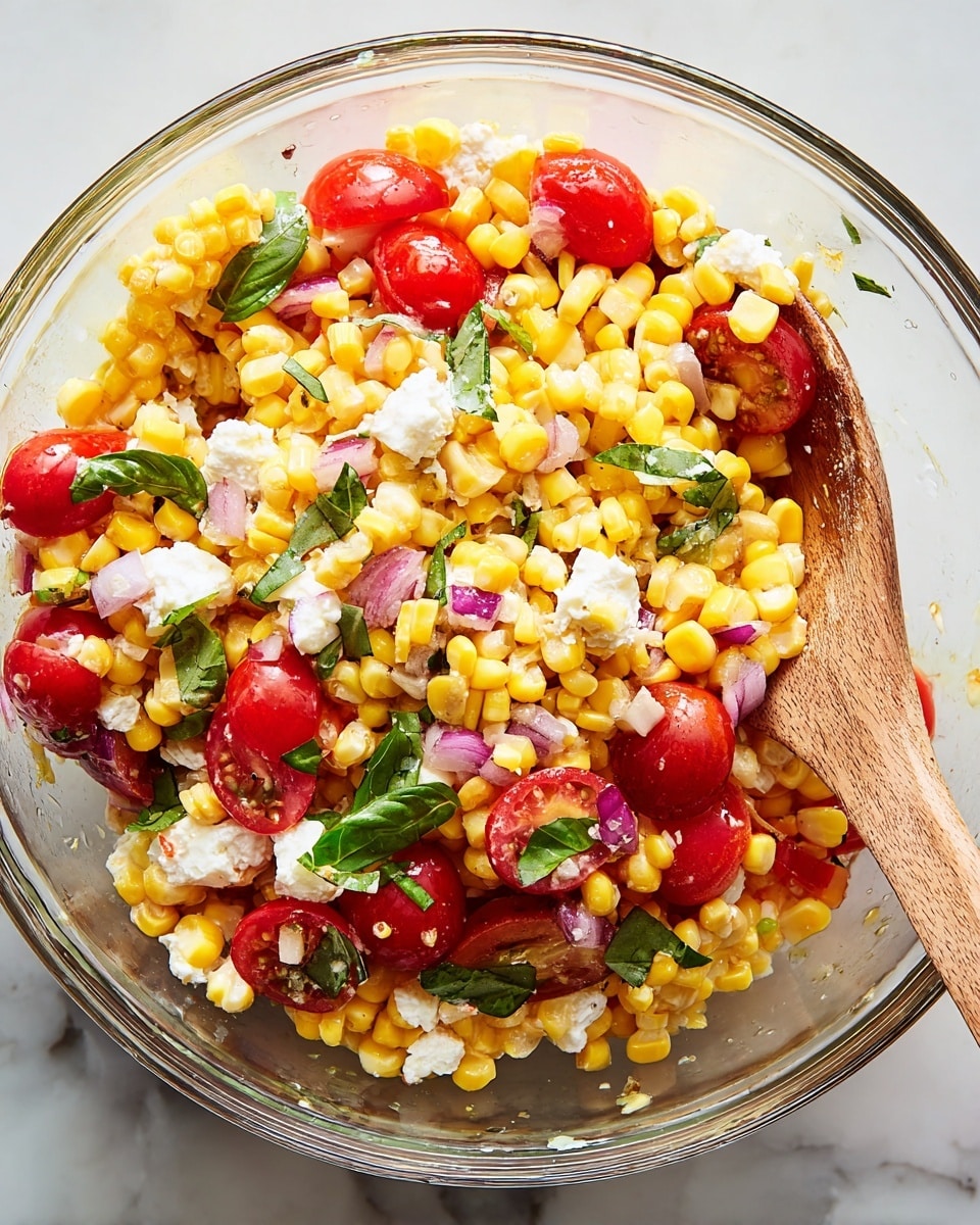 The image shows a clear glass bowl filled with a colorful corn salad. The salad has three main layers mixed together: bright yellow corn kernels, halved red cherry tomatoes, and small white chunks of cheese. There are also small pieces of chopped red onion and thin green basil leaves scattered throughout. A wooden spoon is resting inside the bowl, partially covered with the salad. The bowl is placed on a white marbled surface. photo taken with an iphone --ar 4:5 --v 7