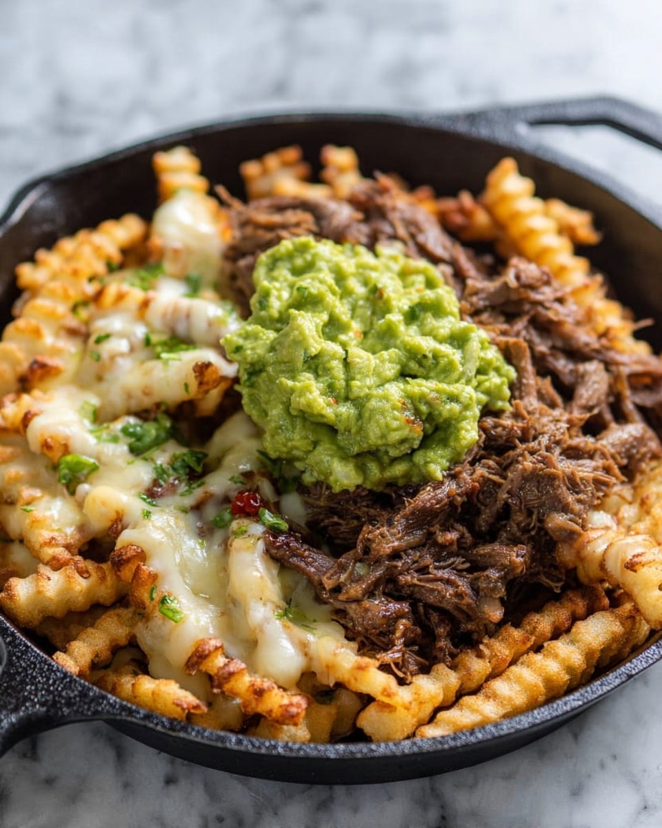 A black skillet filled with three main layers: the bottom layer is golden crinkle fries covered unevenly with melted white cheese sauce, the middle layer is a generous portion of shredded brown cooked meat with juicy texture, and the top layer is a bright green chunky guacamole placed on one side of the meat, creating a contrast with the fries and cheese below. The skillet sits on a surface with white marbled texture. Photo taken with an iphone --ar 4:5 --v 7