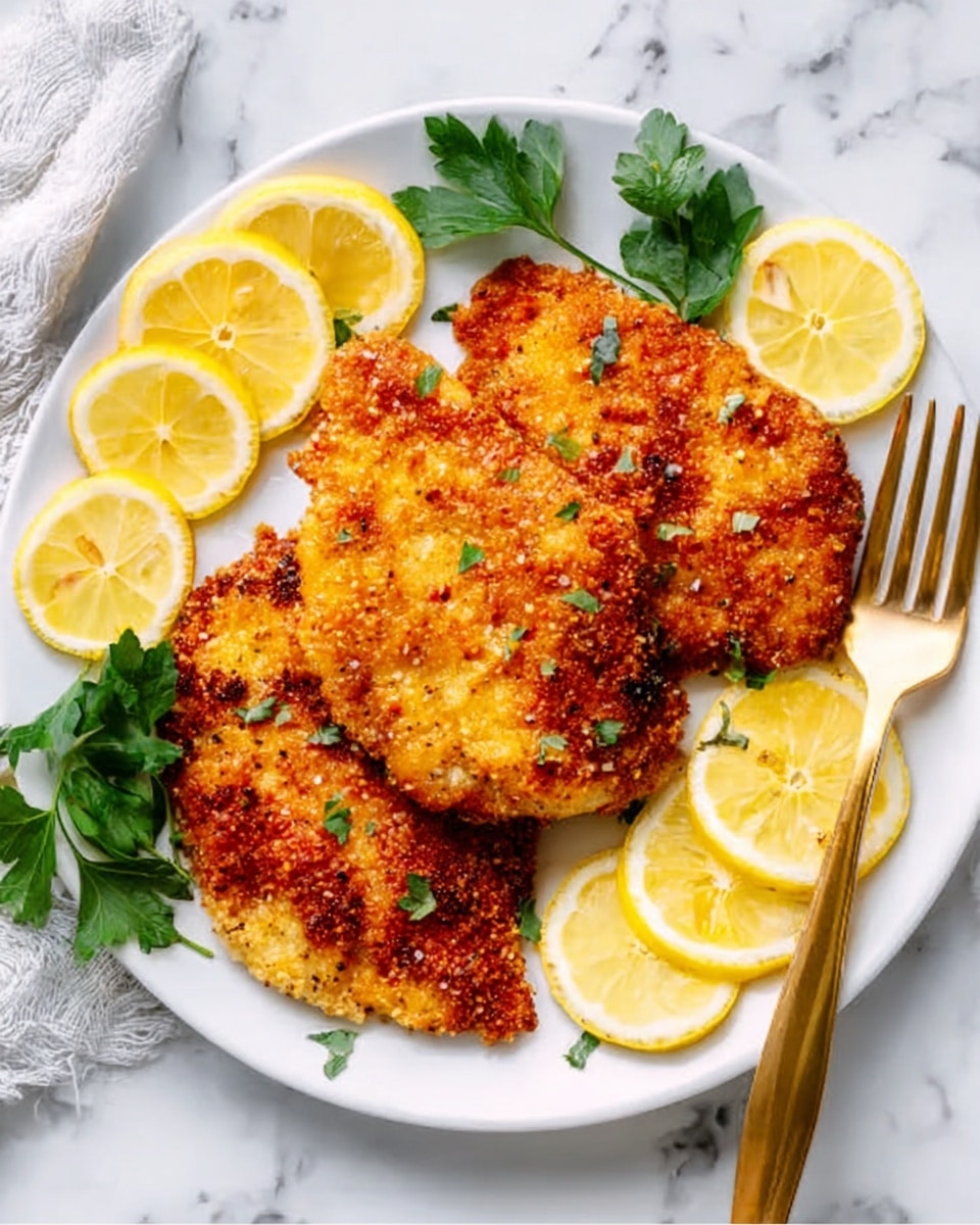 A white plate with three pieces of breaded, fried chicken displayed in the center, each piece showing a golden brown crispy crust with specks of seasoning. Around the chicken, there are five lemon slices placed on the plate, two on the side near the top and three near the bottom right edge. Fresh green parsley leaves peek slightly from the left side of the plate. The plate is set on a white marbled surface with a gold-handled fork visible on the right side. Photo taken with an iphone --ar 4:5 --v 7