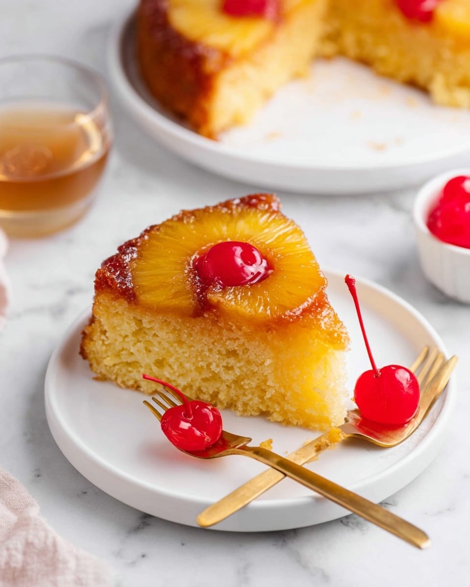 A slice of pineapple upside-down cake sits on a white round plate. The cake has two layers: the bottom layer is yellow with a soft, moist texture, and the top layer is a caramelized golden brown pineapple ring with a bright red cherry in the center. A piece of the yellow cake is scooped out on a gold fork placed next to the slice on the plate. A bright red cherry with a stem lies on the plate beside the cake. In the background, there is another white plate with a similar slice of cake and a small gold fork. The surface under the plates is a white marbled texture. A small bowl containing red cherries and a glass of light brown liquid are also partially visible nearby. photo taken with an iphone --ar 4:5 --v 7