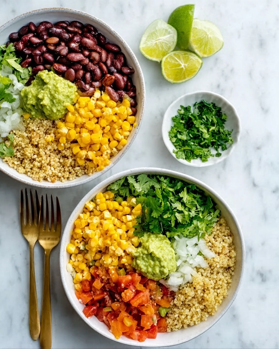 Two white bowls sit on a white marbled surface, each filled with several colorful layers arranged in separate sections. Starting from the top and moving clockwise, there are dark reddish-brown beans, light golden quinoa, bright yellow corn, small diced orange-red tomatoes, green guacamole, and chopped white onions. In the middle layers, green leafy cilantro and lime wedges rest near the guacamole. The textures range from the smoothness of guacamole, the crispness of the chopped vegetables, to the grainy look of the quinoa. Two golden forks are placed to the left near the top bowl, adding a slight metallic contrast. A small white bowl with chopped green herbs is visible on the right side of the image. photo taken with an iphone --ar 4:5 --v 7