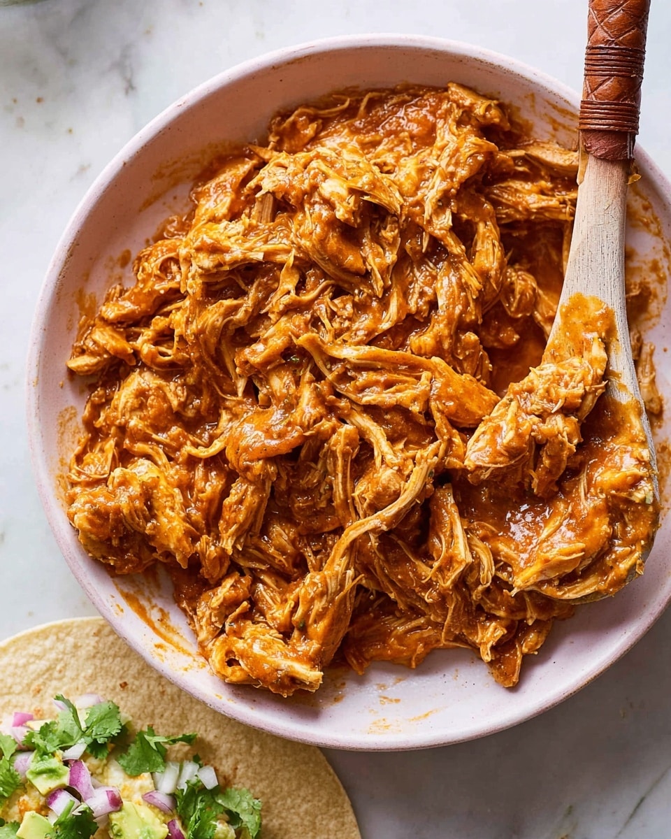 A close-up of shredded orange-brown cooked chicken mixed in a thick, textured sauce, all piled in a white round bowl. The chicken pieces look tender and moist, with visible strands and chunks coated evenly in the rich sauce. A wooden spoon with a leather-wrapped handle rests inside the bowl on the right side, partially covered in the sauce. The bowl is placed on a white marbled surface, with part of a tortilla visible in the lower right corner topped with chopped green onions, avocado, cilantro, and some sauce. The lighting highlights the glossy, moist texture of the chicken and sauce. photo taken with an iphone --ar 4:5 --v 7