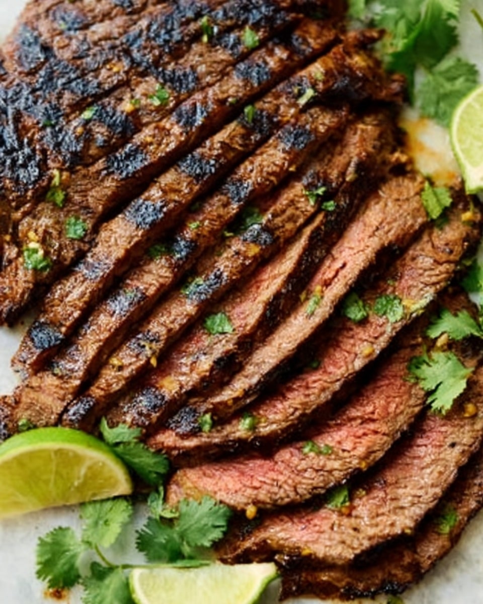 The image shows a close-up of a grilled steak sliced into many thin pieces arranged in a slightly fanned-out way, revealing a juicy, medium-cooked inside with a mix of pink and brown shades. The top layer has dark grill marks and a slightly charred texture. Around the steak, bright green cilantro leaves add a fresh touch, along with lime wedges showing their juicy green interior. The dish is placed on a white marbled surface. photo taken with an iphone --ar 4:5 --v 7
