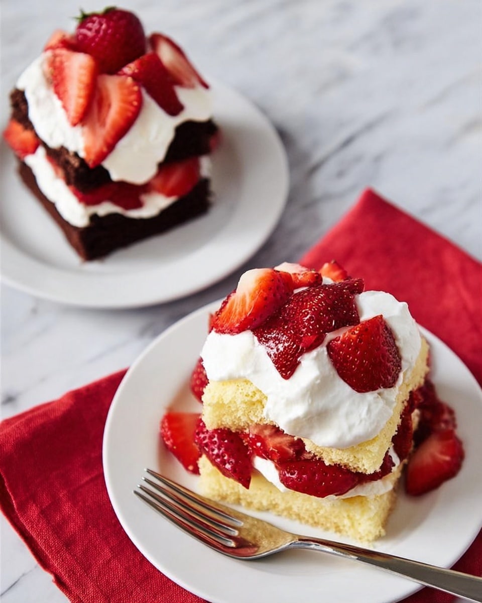 Two white plates each hold a layered dessert on a white marbled surface. The dessert on the front plate has three layers: a yellow sponge cake base, topped with red sliced strawberries, a layer of white cream in the middle and some more strawberries on top with a dollop of white cream. The dessert on the back plate has three layers as well, dark brown chocolate cake as the base and middle layers, filled and topped with sliced red strawberries and white cream. A red cloth napkin is placed under the bottom plate, and a silver fork rests beside the top plate. Photo taken with an iphone --ar 4:5 --v 7