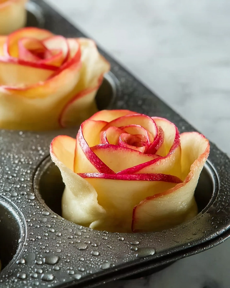 The image shows two apple rose pastries in a dark metal muffin tray. Each pastry consists of thin apple slices arranged in layers to look like rose petals, with a gradient of pale yellow at the center to red edges on the outer petals. The apple slices are wrapped in a rolled dough base that is light beige and smooth, holding the apple petals upright. The metal tray has water droplets on its surface, emphasizing the fresh look of the pastries. The background is a white marbled texture. photo taken with an iphone --ar 4:5 --v 7