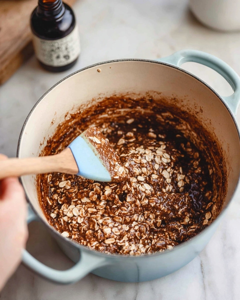 A close-up view of a thick, dark brown mixture with raw oats being stirred inside a white pot with a light blue handle. The mixture has a chunky texture with oats clearly visible throughout, creating a mix of light beige and dark brown colors. A woman's hand holds a wooden spatula with a blue silicone tip, stirring the contents. In the blurred background, there is a dark bottle with a white label on a white marbled surface. photo taken with an iphone --ar 4:5 --v 7