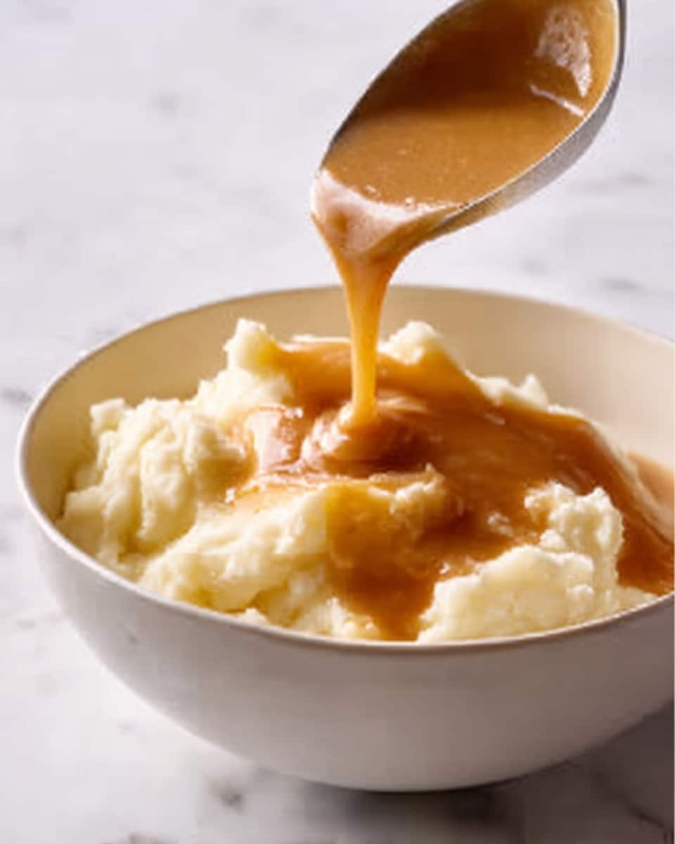 The image shows a close-up of a ladle filled with smooth, brown gravy. The gravy looks thick and shiny, with small specks of black pepper scattered throughout. One drop of gravy is about to fall from the ladle into the white pot below. The white pot has a clean, simple look with a smooth surface. The background is a white marbled texture, giving a bright and fresh feel to the scene. Photo taken with an iphone --ar 4:5 --v 7