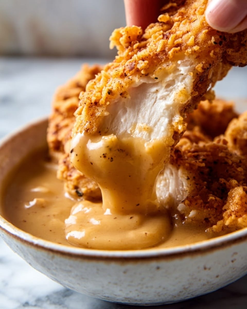 A close-up image shows a piece of golden-brown fried chicken being dipped into a warm, creamy light-brown gravy inside a white bowl. The chicken has a crispy, crunchy texture with visible crumbs on its surface. The creamy gravy is thick and smooth, partially covering the chicken, with some drips sliding back into the bowl. A woman's hand is holding the chicken piece above the bowl. The background and surface are white marble. photo taken with an iphone --ar 4:5 --v 7