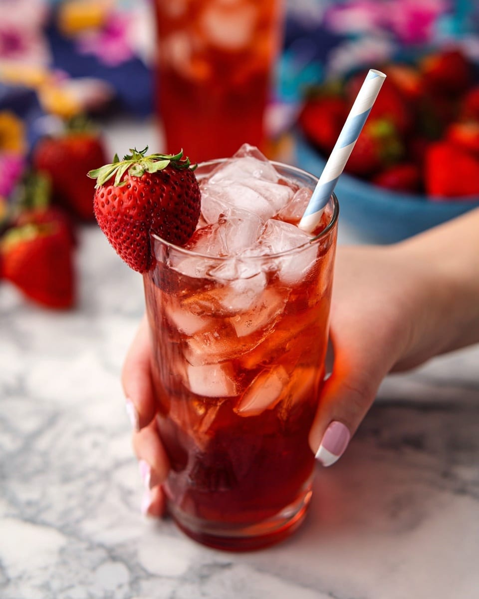A tall clear glass filled with reddish iced drink with many ice cubes on top. A half strawberry with its green stem is placed on the rim of the glass, and a white and blue striped straw is inserted near the strawberry. A woman's hand is holding the glass from the lower part. In the background, there are blurred red strawberries and another glass of iced drink. The surface is a white marbled texture. photo taken with an iphone --ar 4:5 --v 7