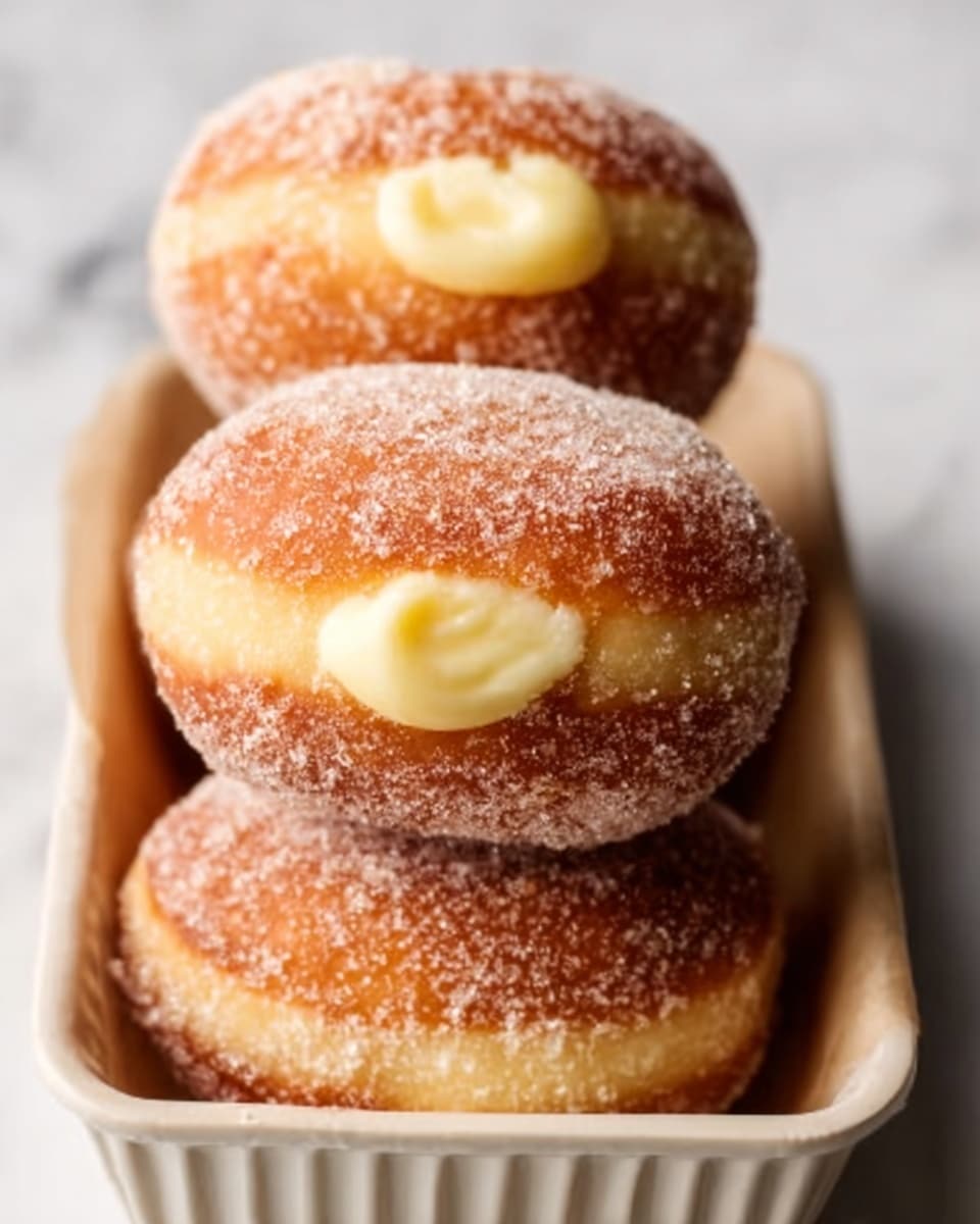 The image shows three sugar-coated doughnuts stacked closely in a white rectangular dish with a ridged edge. Each doughnut is golden brown with a light, grainy sugar layer covering the outer surface. In the center of each doughnut is a dollop of pale yellow cream filling, slightly glossy and smooth in texture. The background surface beneath the dish is a white marbled texture. photo taken with an iphone --ar 4:5 --v 7