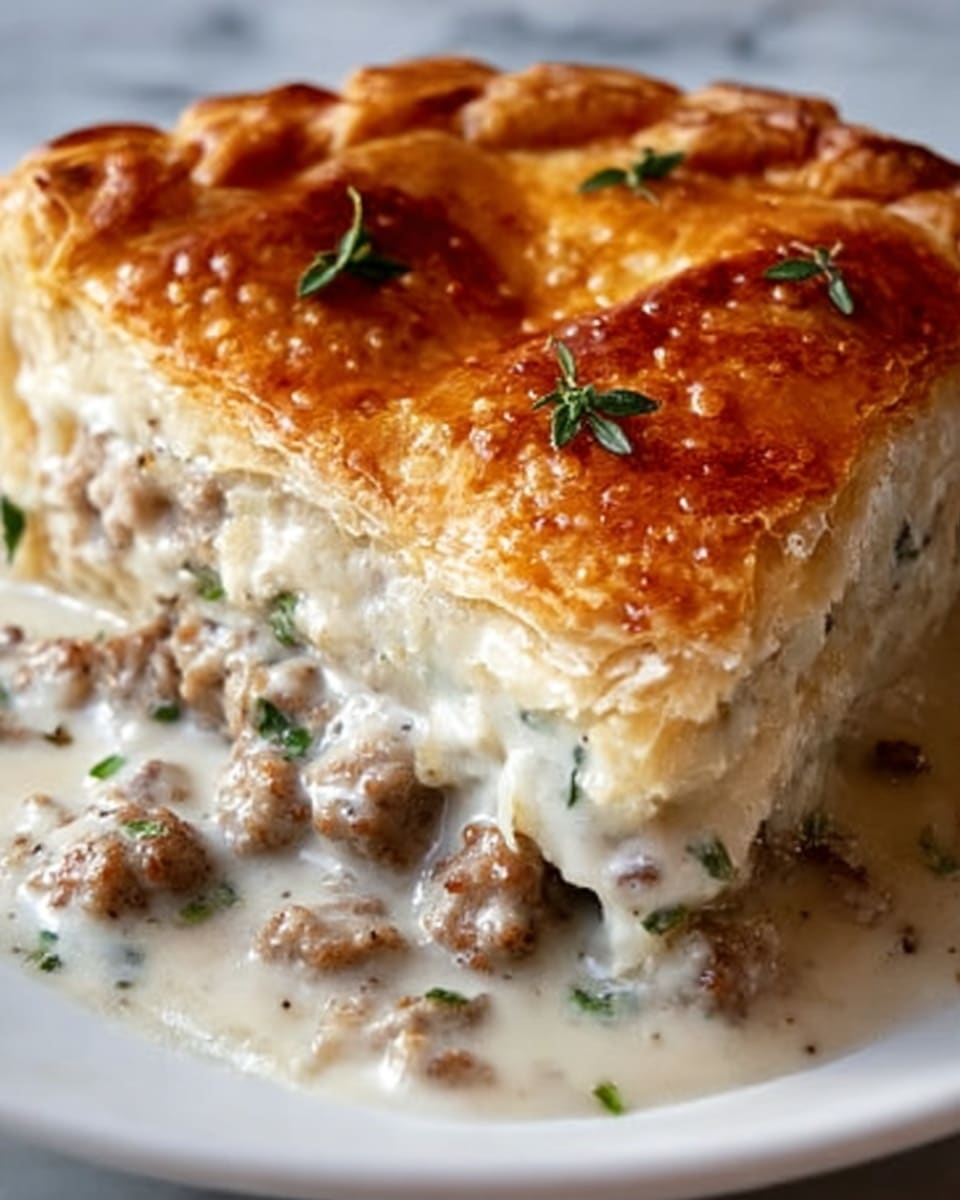 A close-up view of a slice of creamy sausage gravy pot pie with golden-brown, flaky crust on top and around the edges. The crust is shiny and slightly puffed, decorated with small green herb sprigs. Below the crust, there are two thick layers of creamy white sauce filled with small pieces of browned sausage, showing a mix of smooth and chunky textures. The dish is on a white plate placed on a white marbled surface. photo taken with an iphone --ar 4:5 --v 7