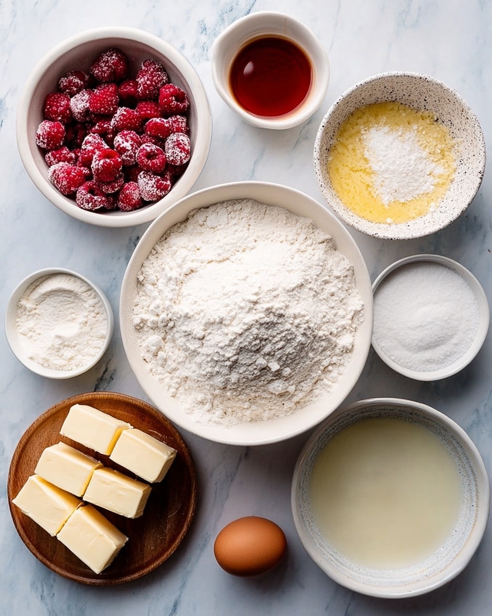 The image shows ingredients for baking arranged neatly on a white marbled surface. In the center, there's a large white bowl filled with white flour. Above it, a white bowl with frozen red raspberries covered in frost. To the right, there is a speckled off-white bowl with a yellowish mixture topped with white powdered sugar. Below it, a white bowl with more white powdered sugar. To the right bottom corner, two small white bowls hold a clear liquid and a pale yellow liquid. On the left side, two sticks of unsalted butter lay side by side, and below them is a wooden plate holding one whole brown egg and another small white bowl with an egg yolk inside. Above the raspberries, a small white bowl with a dark amber liquid is placed. photo taken with an iphone --ar 4:5 --v 7