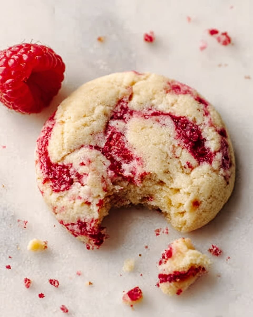 A single round cookie with a soft, light cream color and bright red raspberry pieces swirled on top, showing a slightly cracked texture. One side of the cookie has a bite taken out, revealing a soft inside with bits of red raspberry. It sits on a white marbled surface with a whole fresh raspberry placed near the top left of the cookie. Small crumbs and tiny red raspberry fragments are scattered around the cookie. Photo taken with an iphone --ar 4:5 --v 7