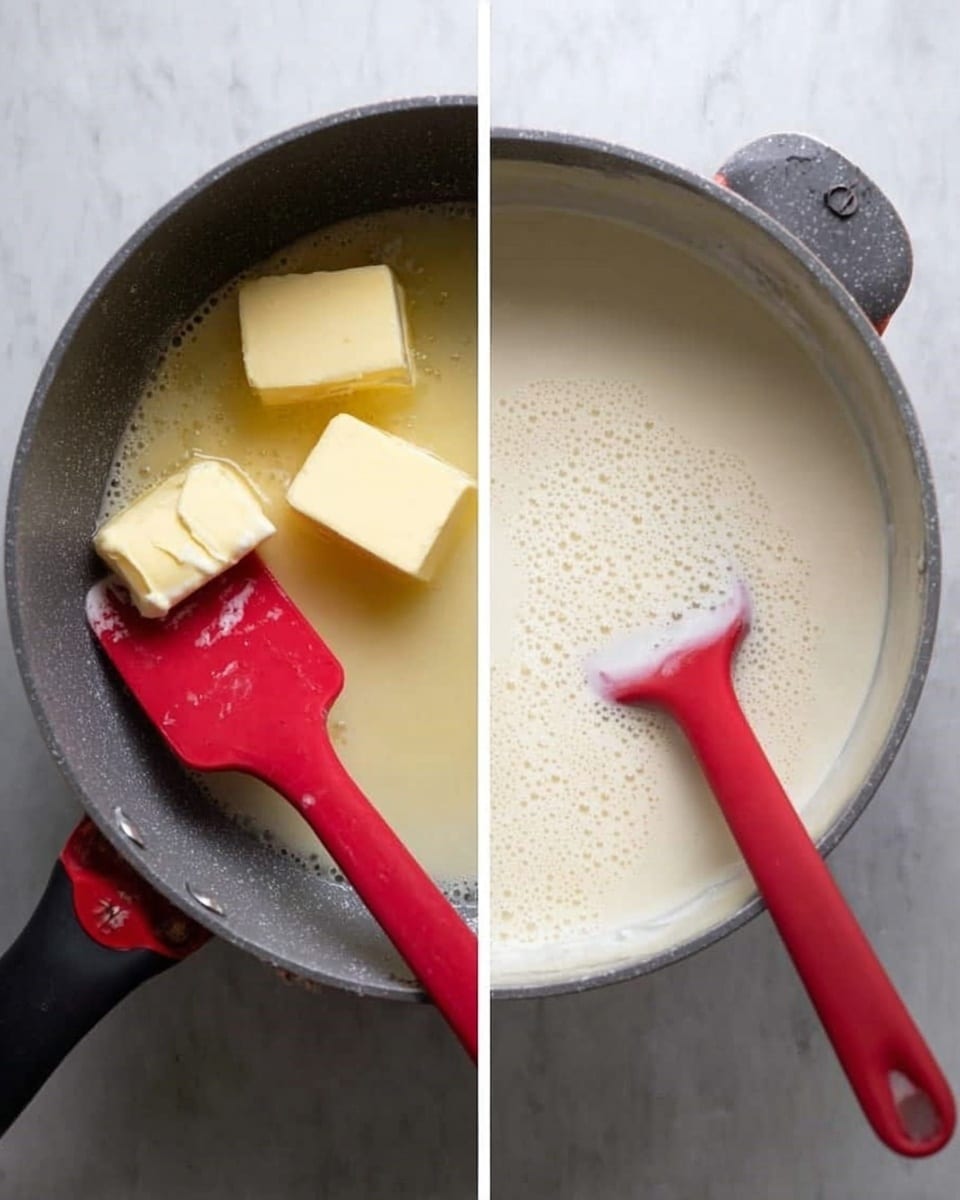 The image shows two pans side by side on a white marbled surface. The left pan contains melted butter, which is golden-yellow, with two solid yellow butter pieces partially melted inside. A red spatula with a black handle rests on the pan's edge. The right pan holds a smooth, thick, creamy white sauce with a similar red spatula resting inside. The sauce fills about three-quarters of the pan, and small bubbles appear on the surface. photo taken with an iphone --ar 4:5 --v 7
