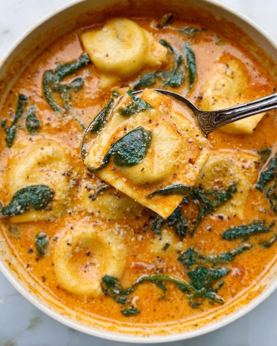 The image shows a bowl of orange creamy soup filled with large, soft ravioli pieces. The soup has a smooth texture and is dotted with fresh green spinach leaves scattered on top and within the soup. A silver spoon lifts one ravioli piece, showing the thick sauce clinging to it. The bowl is white and placed on a white marbled surface, which highlights the rich colors of the soup. photo taken with an iphone --ar 4:5 --v 7