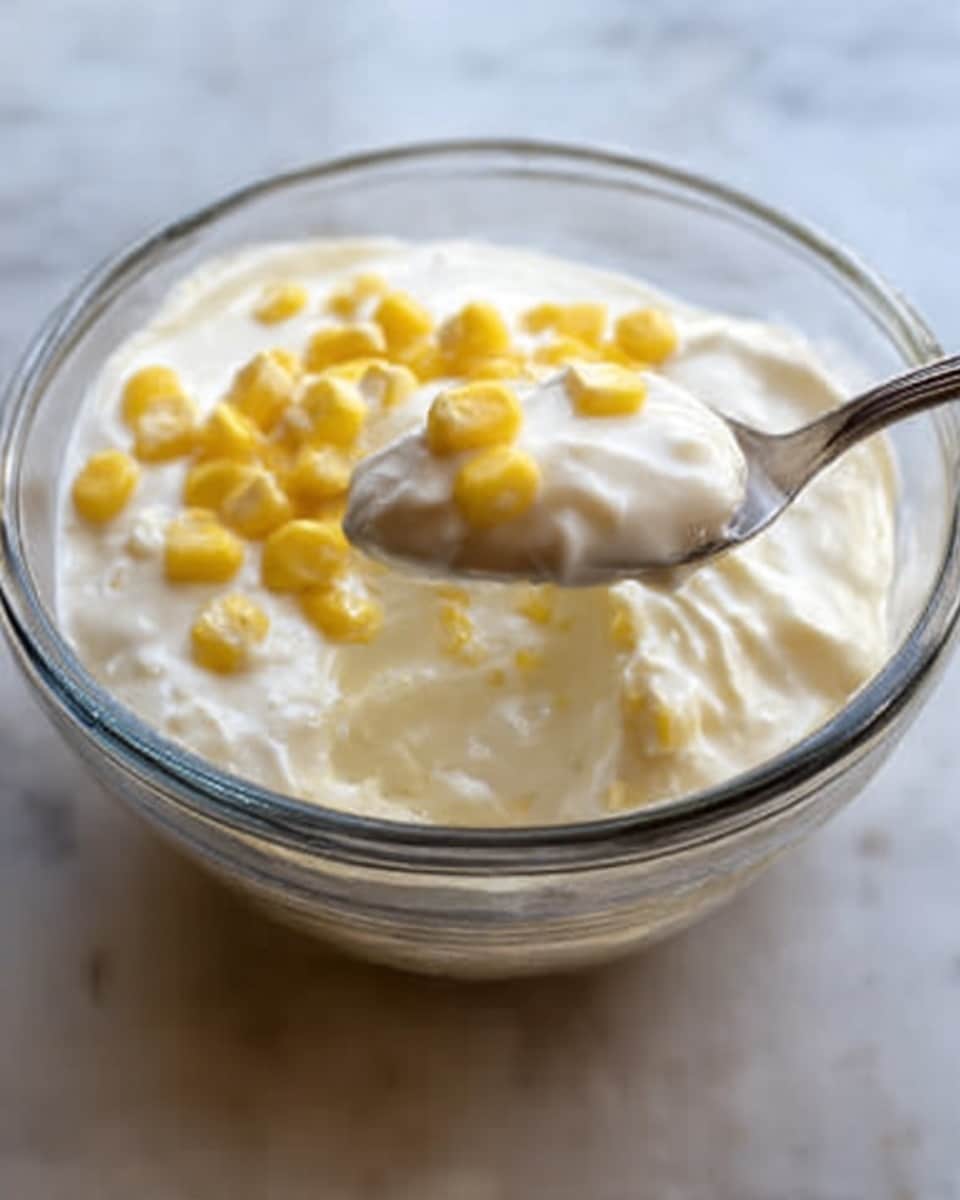 A clear glass bowl sitting on a white marbled surface holds a creamy white mixture with small yellow corn kernels on top. A silver spoon is scooping some of the cream from the bowl. The texture of the cream looks smooth and thick, and the corn kernels add a soft, slightly shiny yellow contrast in the bowl. photo taken with an iphone --ar 4:5 --v 7