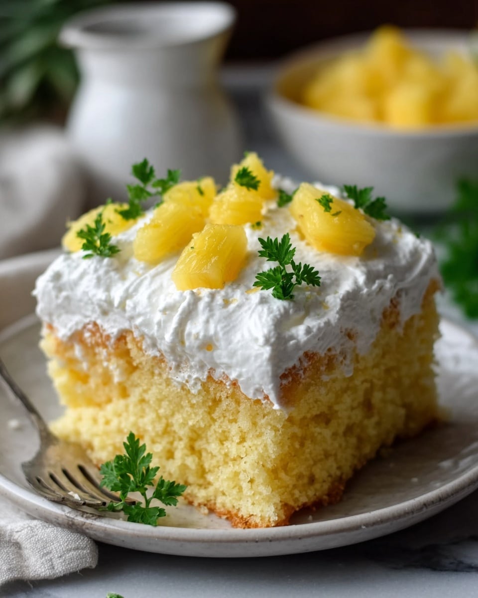 A piece of yellow sponge cake with a soft texture sits on a white plate on a white marbled surface. The cake has one thick layer, topped with a thick white whipped cream layer that looks fluffy and creamy. On top of the cream, there are small yellow pineapple chunks scattered evenly along with small green parsley leaves as garnish. In the background, there is a white jug and a blurred bowl filled with more yellow fruit pieces. The lighting is soft and natural. Photo taken with an iphone --ar 4:5 --v 7