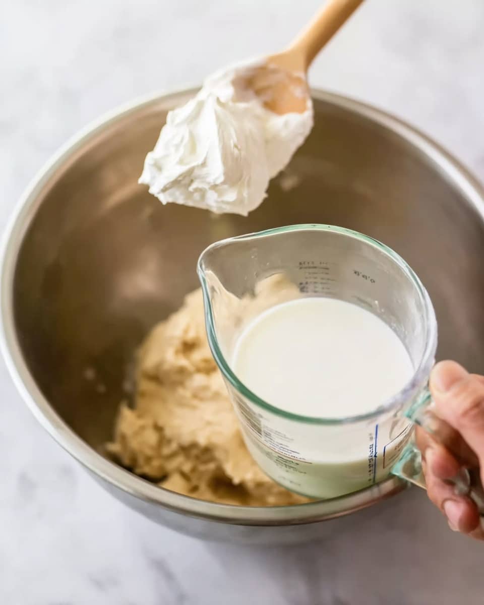 A close-up shot shows a metal bowl containing beige dough or batter in the background. A wooden spoon above the bowl holds a dollop of thick white cream being mixed in. In the foreground, a woman's hand is holding a clear glass measuring cup filled with milk, tilted as if about to pour it into the bowl. The scene is set on a white marbled surface. Photo taken with an iphone --ar 4:5 --v 7