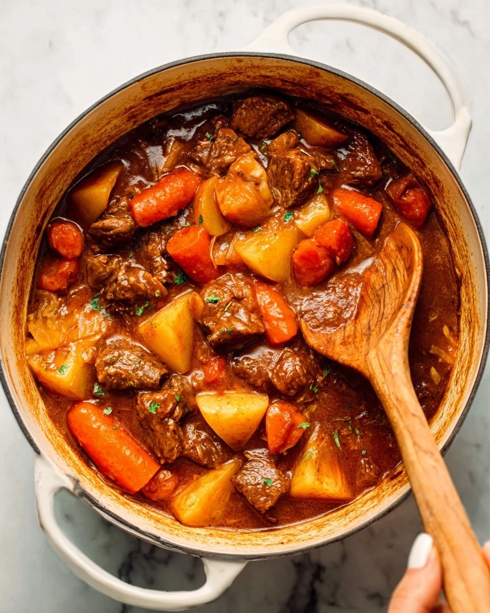 The image shows a thick beef stew inside a white pot. The stew has large chunks of brown beef mixed with bright orange carrot slices and light yellow potato pieces, all covered in a rich, dark brown sauce. A wooden spoon rests in the pot, partly covered with the stew, and a woman's hand holds the pot handle on a white marbled surface. The stew looks warm and hearty with a rustic appearance. photo taken with an iphone --ar 4:5 --v 7