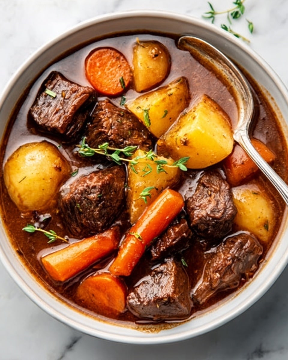 The image shows a white bowl filled with a rich beef stew featuring large, tender chunks of dark brown beef on the top and center. Surrounding the beef are several pieces of soft yellow potato chunks and sliced orange carrots, all partially submerged in a deep brown, glossy broth. A silver spoon rests inside the bowl, with its handle extending outwards, and a few small sprigs of fresh green thyme are placed on top, adding a touch of color. The bowl sits on a white marbled surface. Photo taken with an iphone --ar 4:5 --v 7