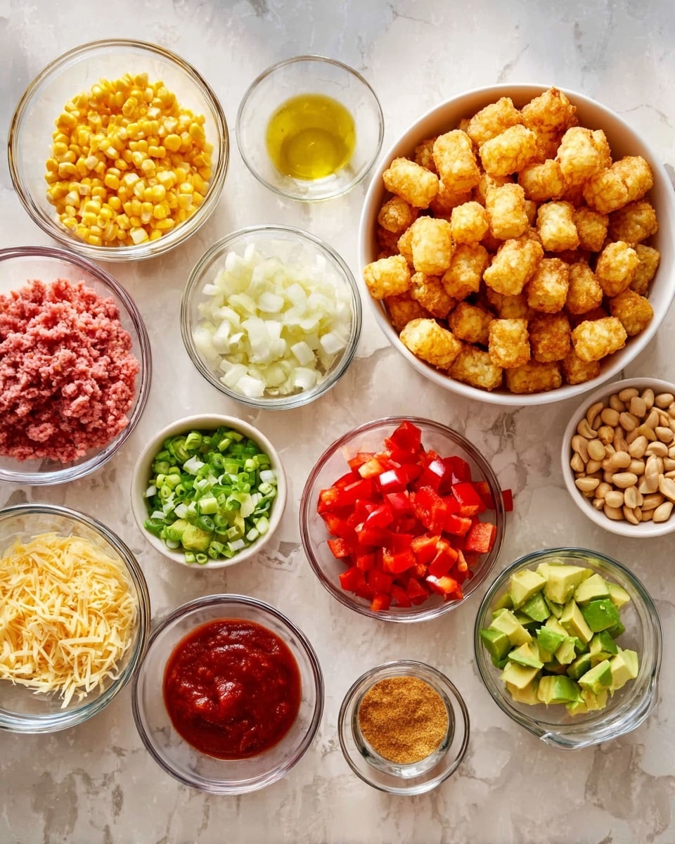 The image shows twelve clear and white bowls arranged on a white marbled surface, holding different fresh ingredients. On the right, a large white bowl is full of golden brown tater tots with a crispy texture. Surrounding it are smaller bowls: one with bright yellow corn kernels, another with tan peanuts, and one filled with white chopped onions. Nearby, there is a bowl of raw red ground meat next to a bowl of diced red bell peppers and a bowl of diced green avocados. Another bowl holds finely chopped green onions next to a bowl with red chunky diced tomatoes and a bowl with rich red tomato sauce. A small bowl has a golden crushed spice, and another holds finely shredded pale yellow cheese. A small clear dish with some olive oil is in the center. The photo taken with an iphone --ar 4:5 --v 7