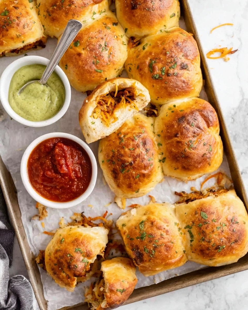 The image shows a tray of golden brown stuffed bread rolls arranged on a white marbled surface. There are ten rolls in total, each with a slightly shiny, baked crust topped with green herbs. Three rolls are broken open, revealing a filling of shredded orange and brown ingredients inside. Two small white bowls rest on the tray: one contains a bright red chunky sauce and the other a smooth pale green sauce. A silver spoon is dipped into the red sauce, pointing toward a broken roll. A woman's hand is holding one of the broken rolls near the bottom of the image. The photo taken with an iphone --ar 4:5 --v 7