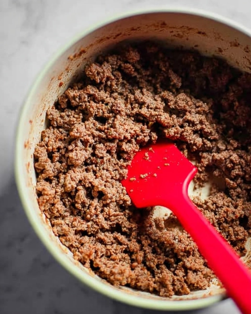 The image shows a close-up view of cooked ground meat inside a white pot with a smooth texture. The meat is brown with small pieces and appears to be evenly cooked, covering the bottom of the pot. A bright red spatula with a smooth surface is partly inside the pot, touching the meat and resting on the right side. The background is a white marbled texture. photo taken with an iphone --ar 4:5 --v 7