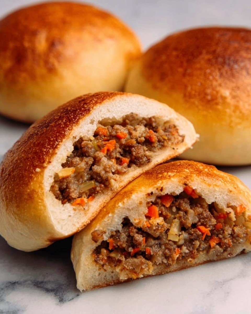 The image shows three round, golden brown baked buns with a soft and slightly shiny crust on a white marbled surface. Two buns are whole and one is cut open, revealing a filling inside made up of mixed minced meat, small pieces of orange carrot, and some light brown bits that add texture. The filling looks moist and crumbly. The buns have a smooth outer layer with a slight puffiness. Photo taken with an iphone --ar 4:5 --v 7